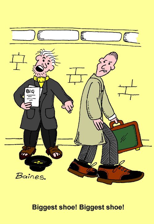 Beggar calling 'Biggest shoe' at a man with big feet instead of calling 'Big Issue'