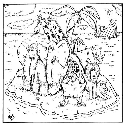 Noah and animals stranded on a desert island