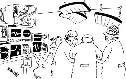 A football game appears on the operating theatres monitor instead of the patients heartbeat.