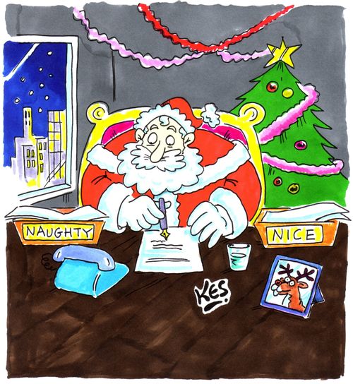 Santa working in office with naughty/nice boxes.