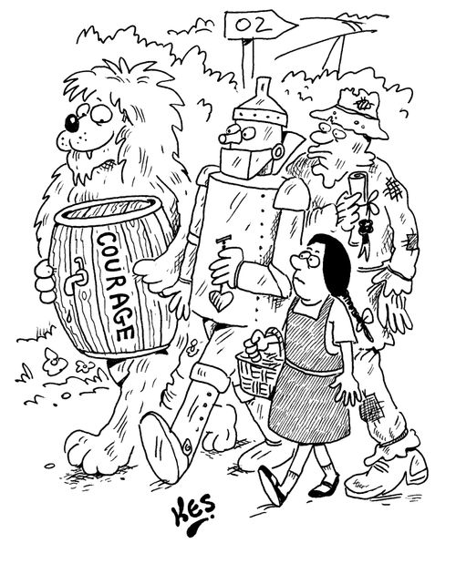 Cowardly lion is carrying a keg of courage.
