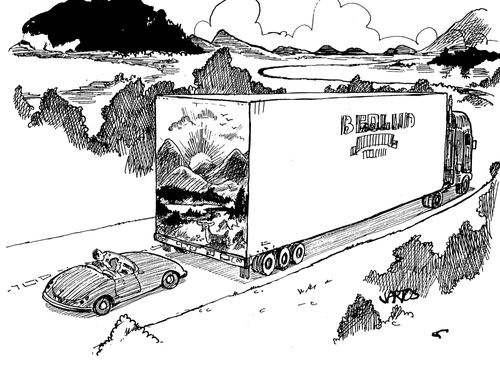 Car follows a truck with a beautiful landscape painted on the back.