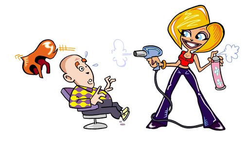 Hairdryer blows man's wig off his head.