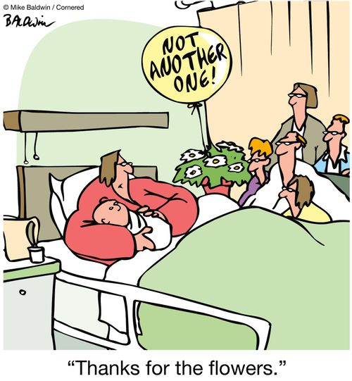 'Thanks for the flowers.' (balloon reads 'not another one'.)