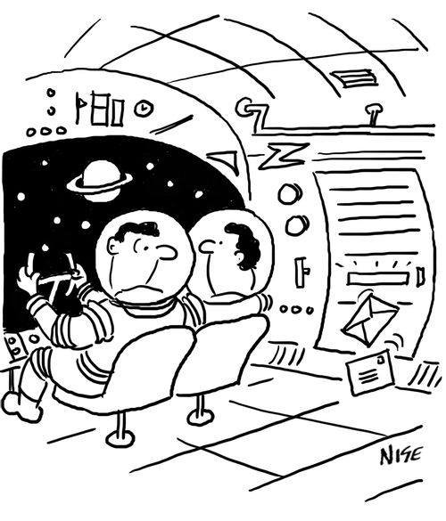 Astronaut startled by post delivered to spaceship.