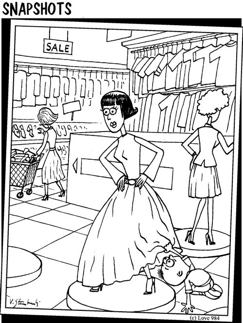 'Wow!' (Little boy looking up mannequin's skirt."