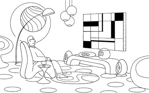 Man admires his Cubist Painting.