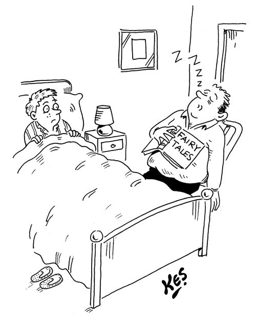 Man falls asleep whilst reading a bedtime story to his son.
