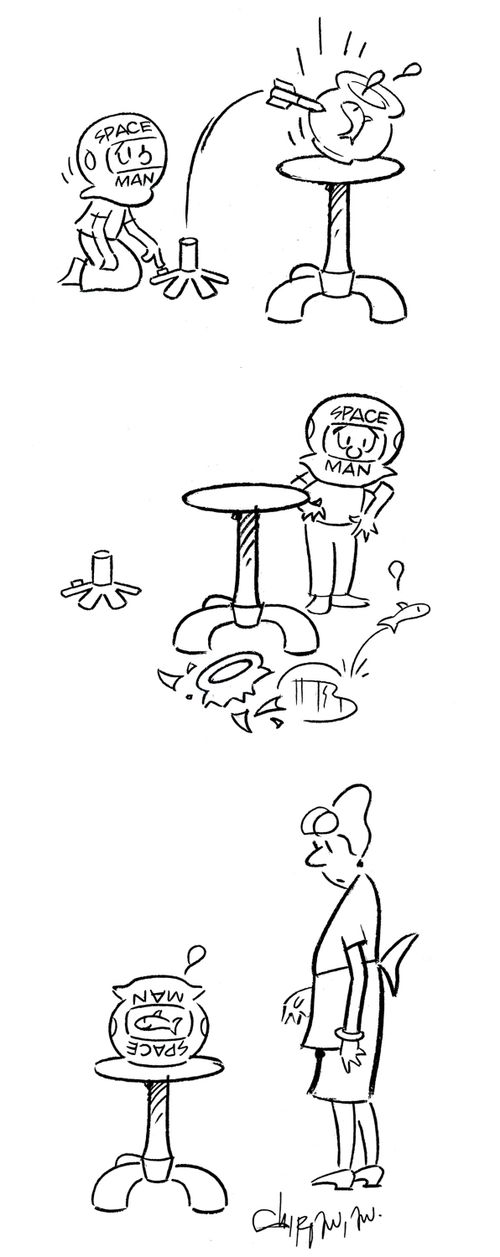Child breaks fish bowl whilst playing with toy rocket