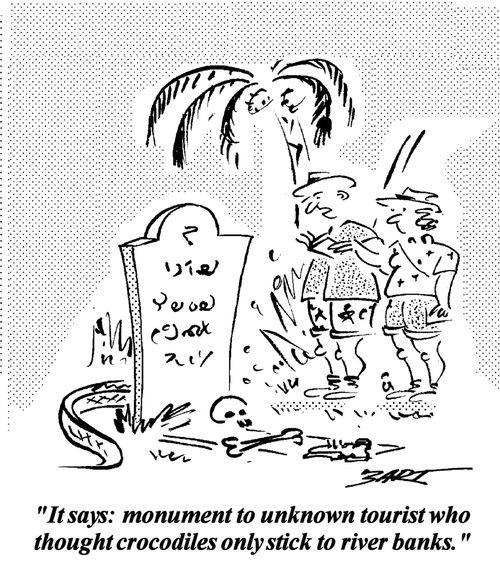 It says: monument to unknown tourist who thought crocodiles only stick to river banks."