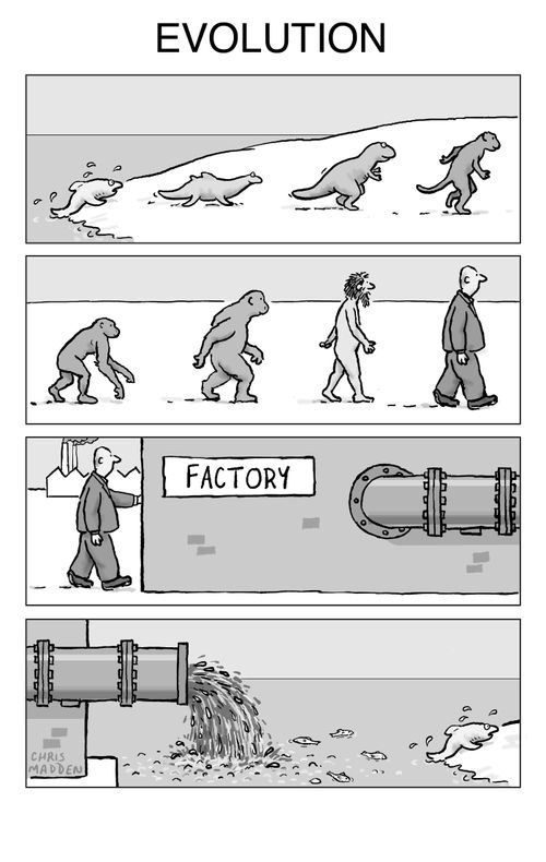 Evolution at work. A fish leaves the water and eventually evolves into a modern human being, who pollutes the water, forcing a fish to leave the water...