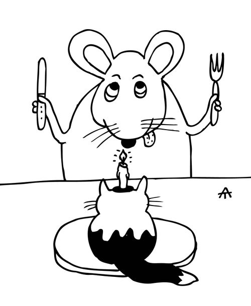Mouse with a cat cake.