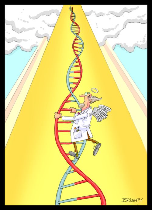 Dead Scientists Climbs DNA Stairway to Heaven.
