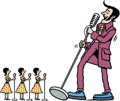 Rock and roll singer with old mike and three backing singers.