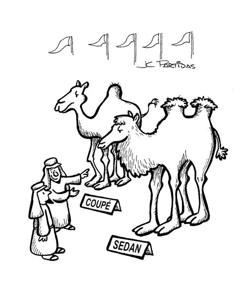 Arab choosing a camel to buy. In the signs he can read ''coupe' or 'sedan.' 