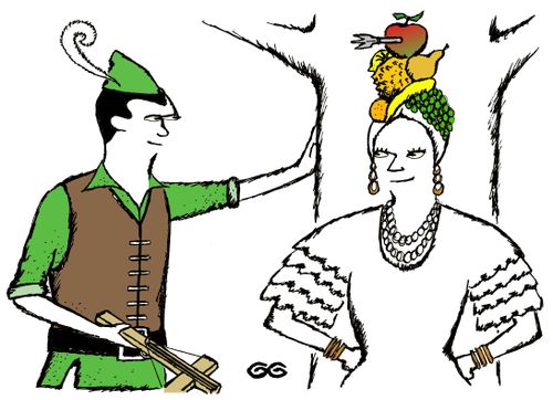 William Tell meets Carmen Miranda.