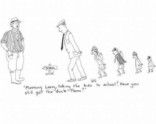 'Morning Larry, taking the kids to school? Have you still got the duck farm?'