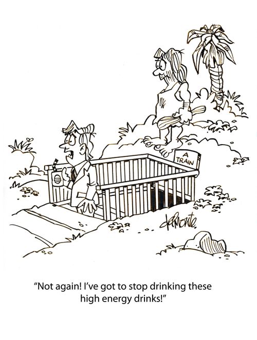 'Not again! I've got to stop drinking these high energy drinks!'