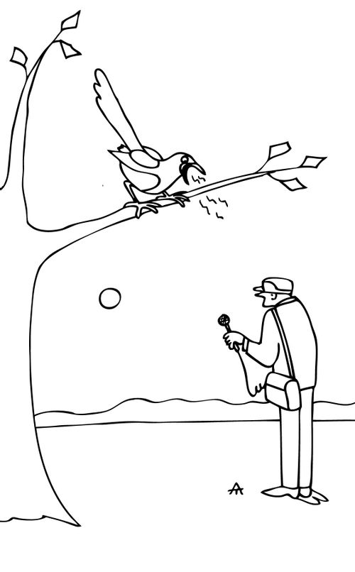 Journalist interviewing a bird.