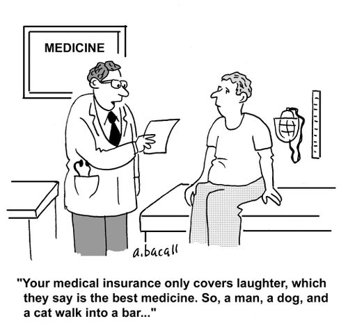'Your medical insurance only covers laughter, which they say is the best medicine. So, a man, a dog, and a cat walk into a bar...'