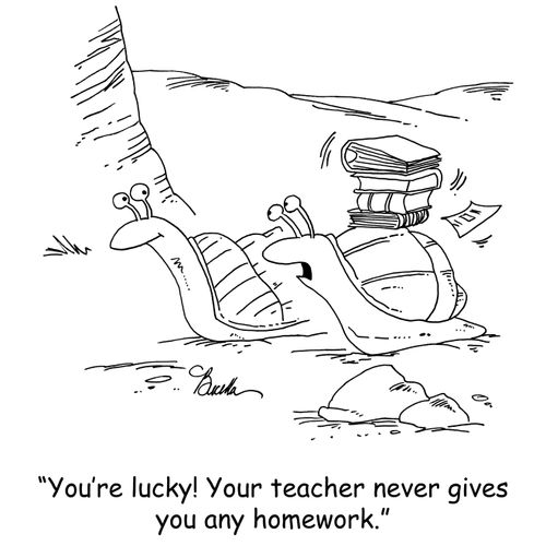 'You're lucky! Your teacher never gives you any homework.'