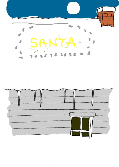 Santa pees his name in rooftop snow.