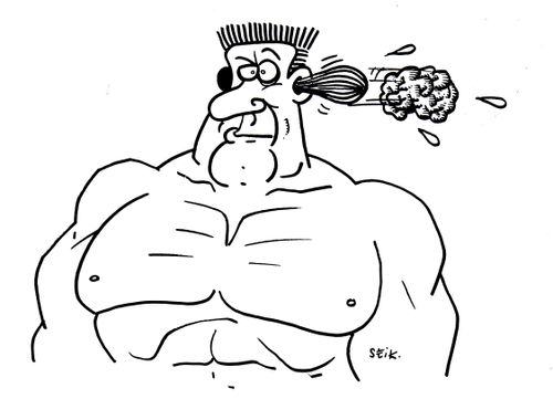 A muscle pushing a body builders brain out of his skull.