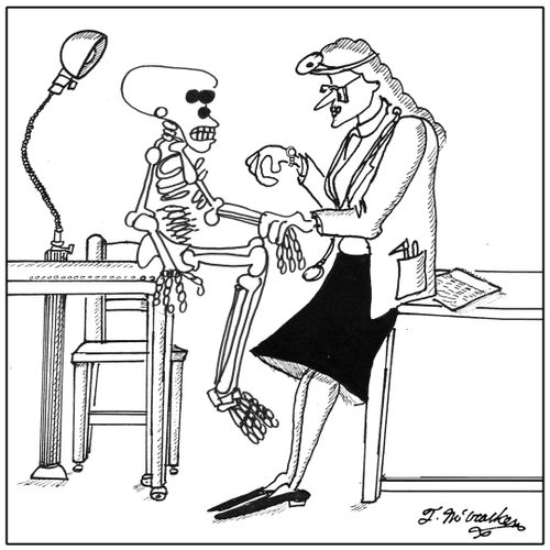 A doctor checks the pulse of skeleton.