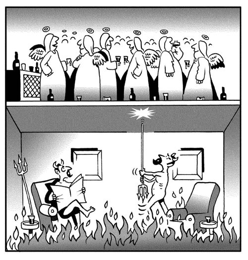 Devils in hell bang on the ceiling as the angels upstairs are being too noisy.