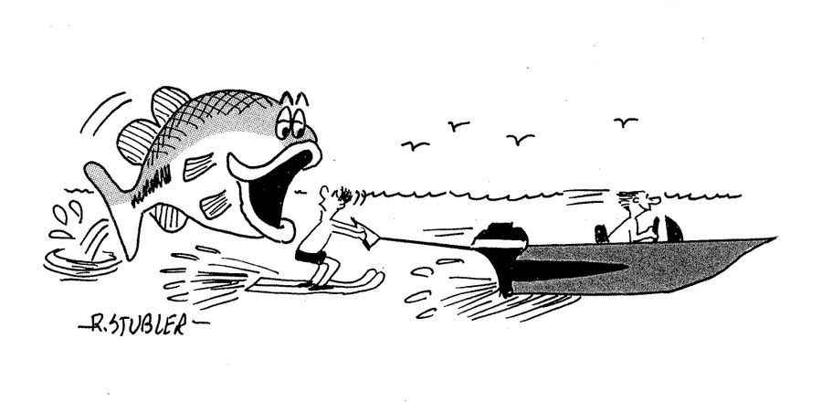 Water skier being attacked by giant fish.