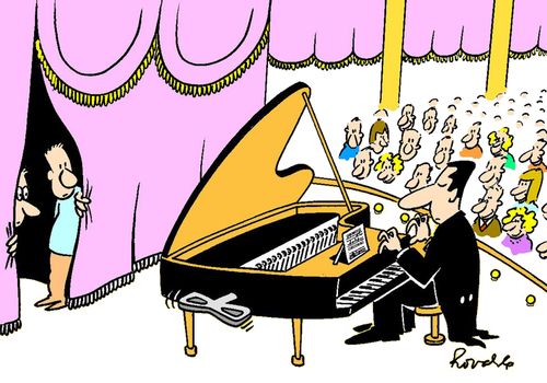 Concert pianist with a clockwork piano.
