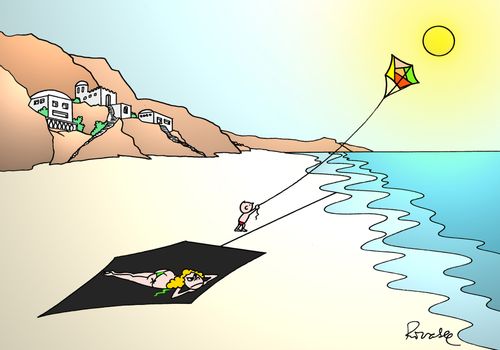 Child creates a shadow over sunbathing lady with kite.