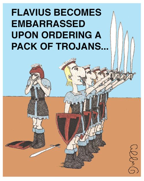 Flavius becomes embarrassed on ordering a pack of Trojans.