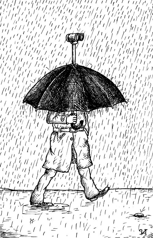 Man with large umbrella uses binoculars to see direction