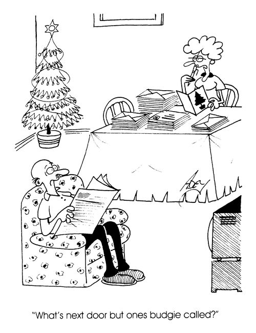 Writing Christmas Cards - "What's next door's budgie called?"