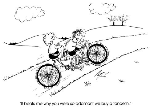 "It beats me why you were so adamant we buy a tandem."