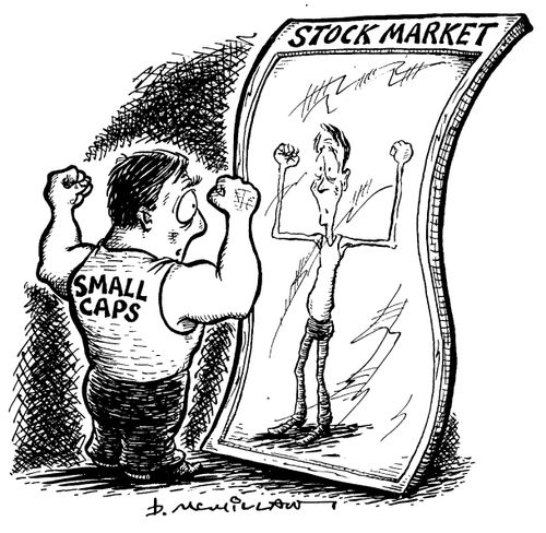 Large 'Small caps' man looks weedy in 'Stock market' mirror.