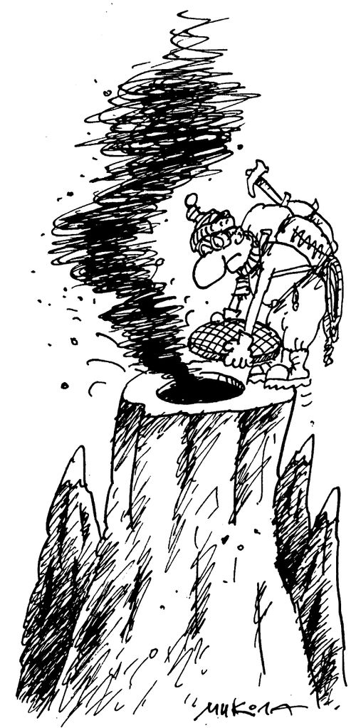 Mountaineer about to block hole of smoking volcano