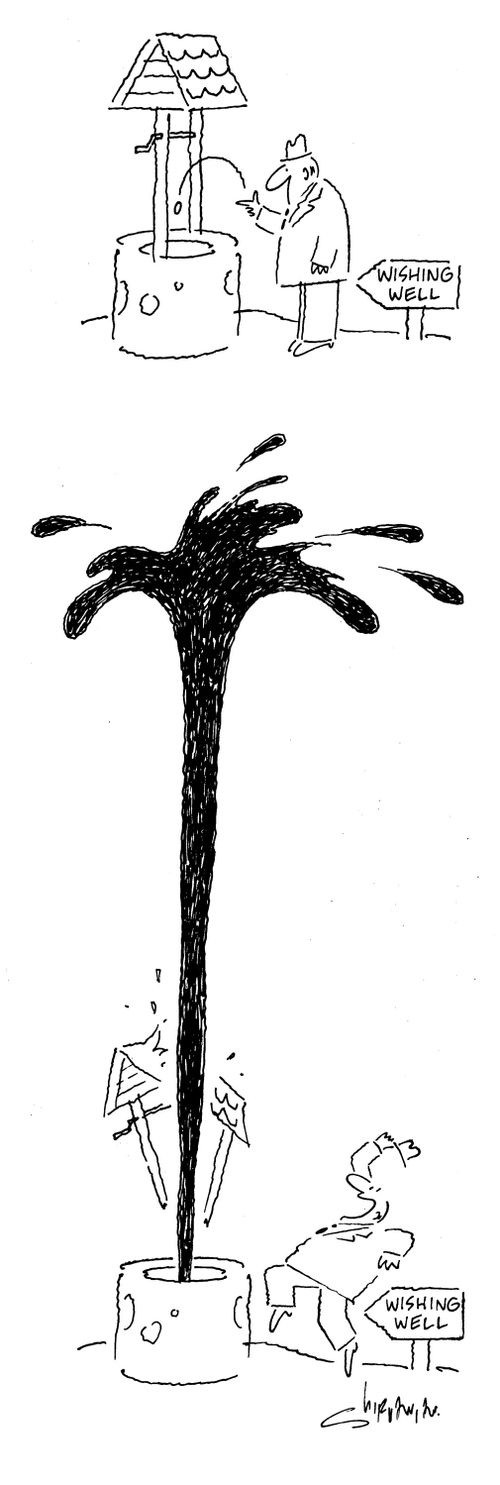 Oil explodes from the wishing well.