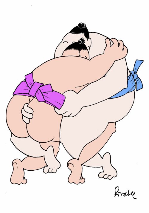Sumo-wrestlers tangled up.
