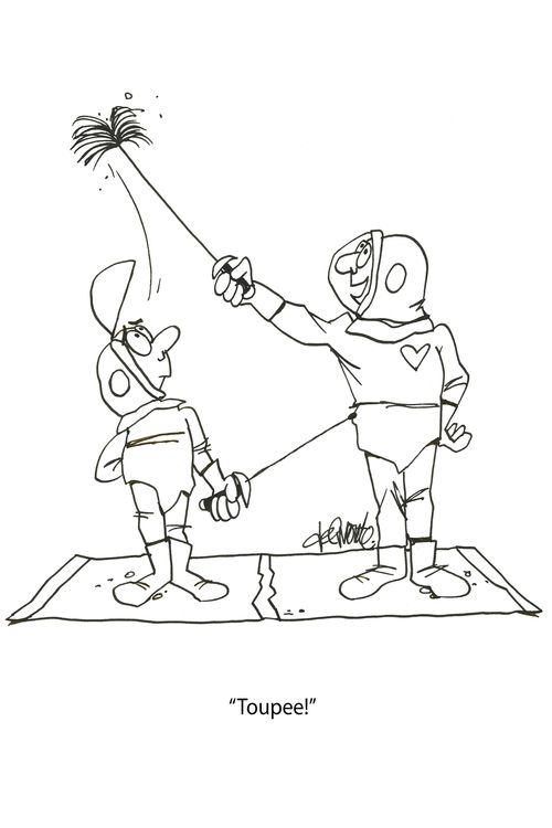 Two people fencing one says: 'Toupee!'