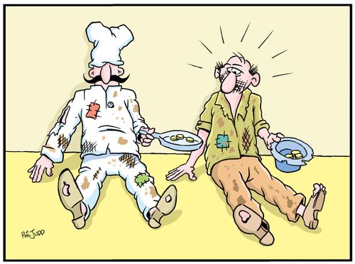 Guy begging for money holding his hat out. Next to him an out of work chef holding his frying pan out begging for money.