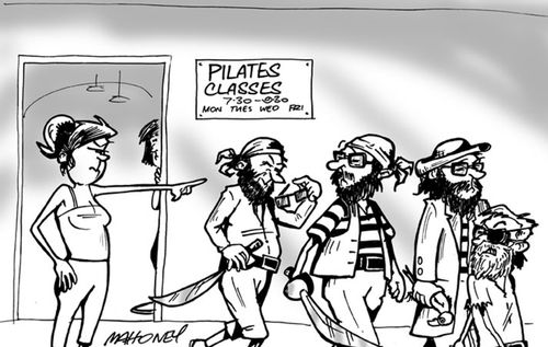 Short sighted pirates being turned away from a Pilates class.