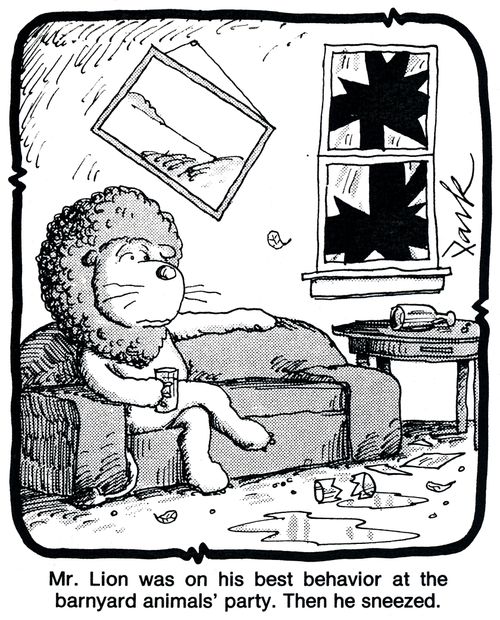 Mr. Lion was on his best behavior at the barnyard animals' party. Then he sneezed.'