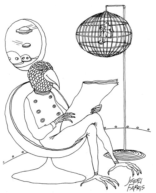 Bird in a chair with a human in a cage.