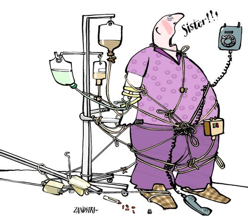 Patient tangled in IV tubes.