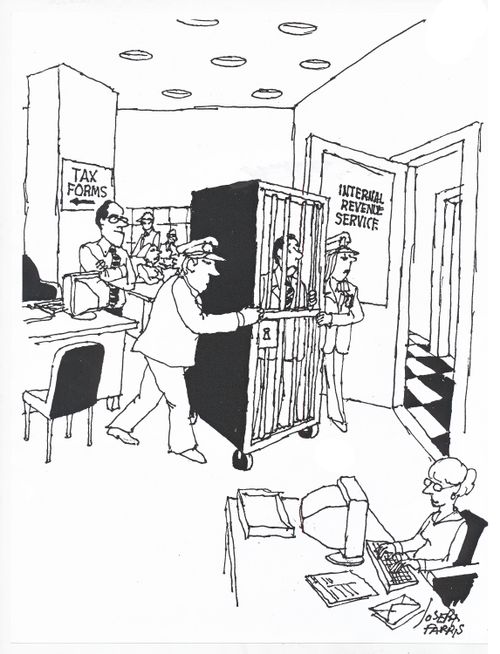 Man in cage at tax office