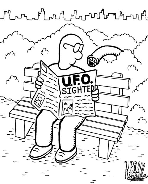 Man Reading story 'U.F.O. Sighted' with alien peeking over his shoulder.
