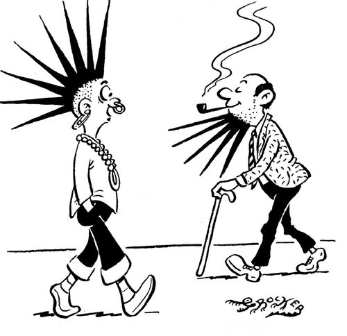Punk rocker passing punk codger in street.