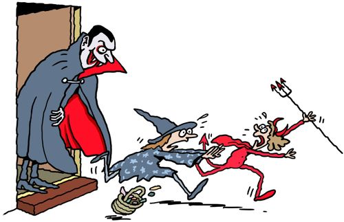 Scared trick or treaters flee from Dracula's house.